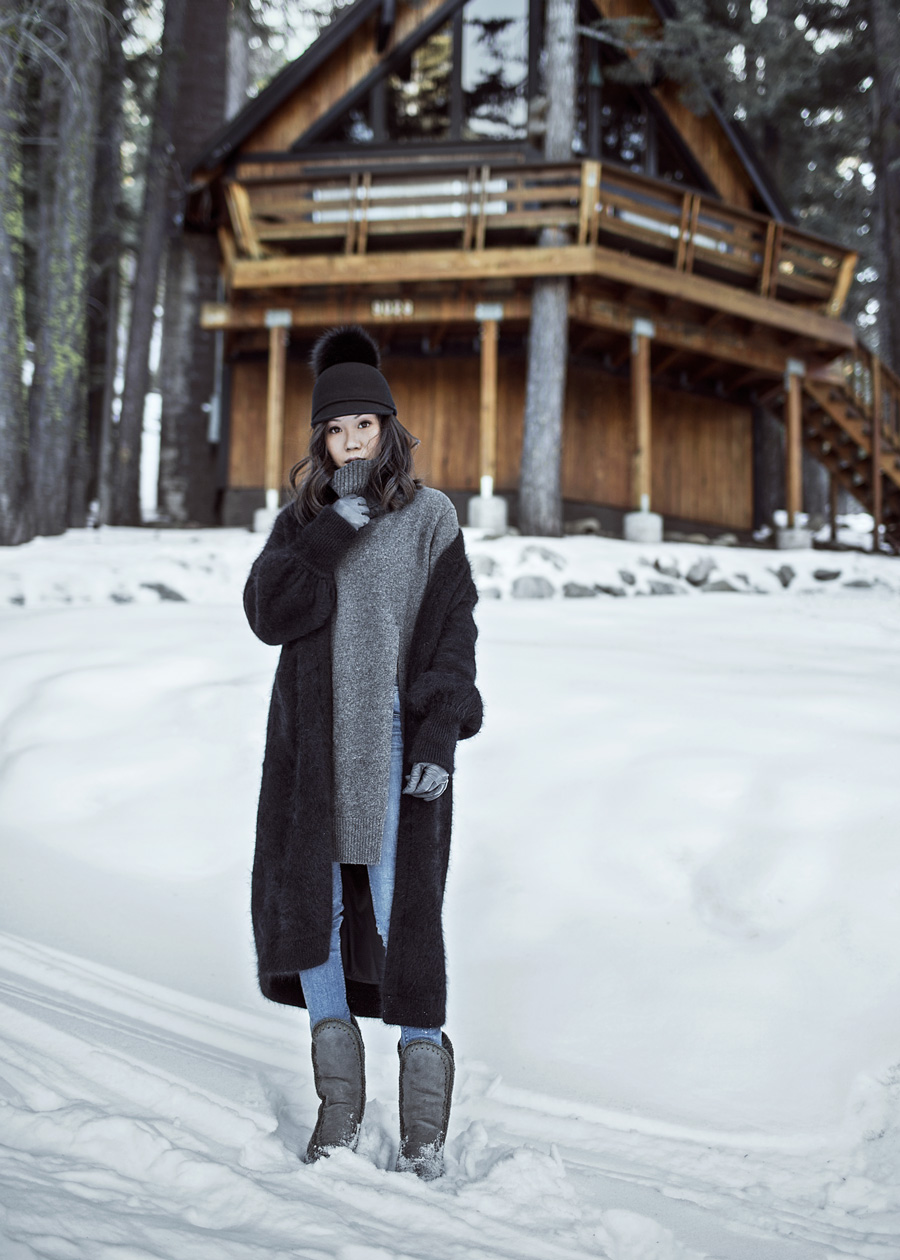 byTSANG, Fuzzy Cardigan Coat, Black Fuzzy Cardigan, South Lake Tahoe, MOU Eskimo Boots