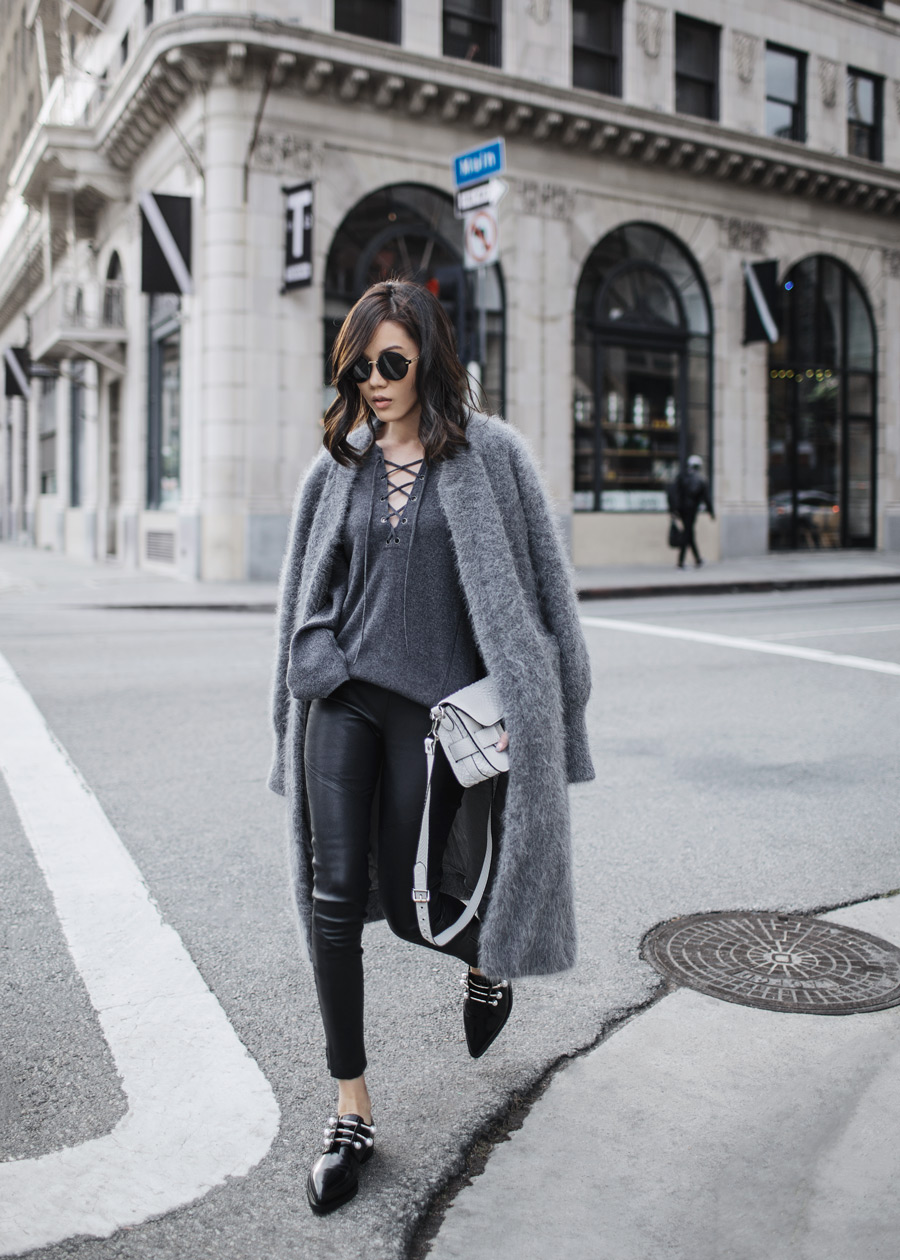 Gucci Round Sunglasses, byTSANG, Grey Fuzzy Cardigan Coat, Vince Lace-up sweater, Proenza Schouler PS11, Coliac, Luisaviaroma, Pearl shoes