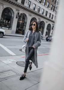Gucci Round Sunglasses, byTSANG, Grey Fuzzy Cardigan Coat, Vince Lace-up sweater, Proenza Schouler PS11, Coliac, Luisaviaroma, Pearl shoes