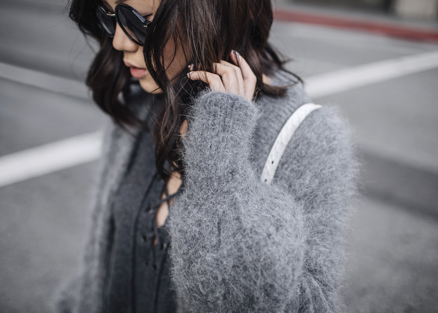 Gucci Round Sunglasses, byTSANG, Grey Fuzzy Cardigan Coat, Vince Lace-up sweater, Proenza Schouler PS11, Coliac, Luisaviaroma, Pearl shoes