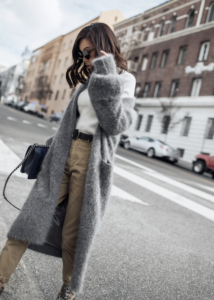 Street style fashion blogger influencer Jenny Tsang of Tsangtastic wearing BYTSANG Fuzzy Cardigan Coat in Grey, REISS Top, GENTLE MONSTER Sunglasses, CITIZENS OF HUMANITY Surplus Chino, CHANEL Navy Blue Boy Bag and TOPSHOP Max Bootie, in Los Angeles, California.