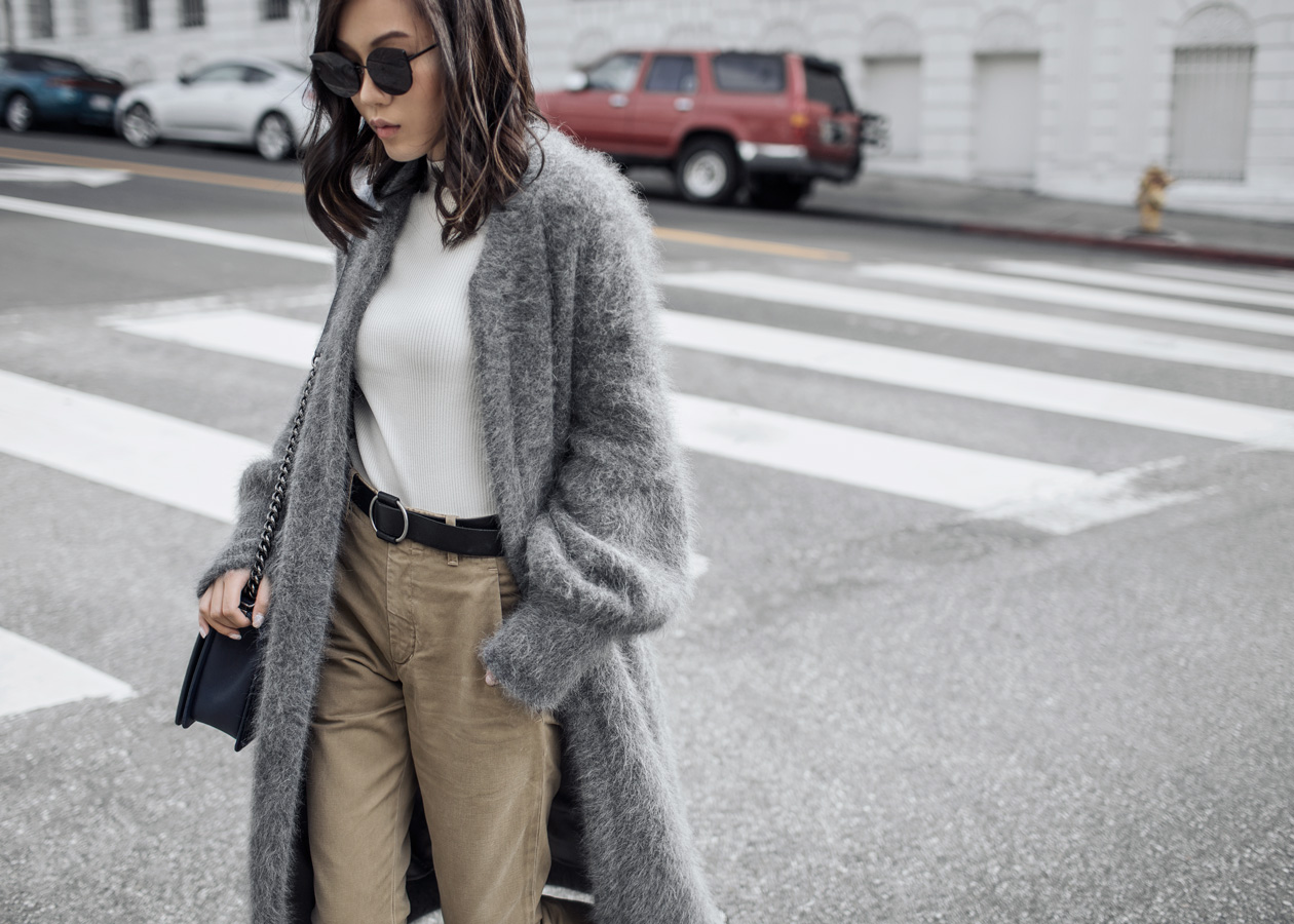 Street style fashion blogger influencer Jenny Tsang of Tsangtastic wearing BYTSANG Fuzzy Cardigan Coat in Grey, REISS Top, GENTLE MONSTER Sunglasses, CITIZENS OF HUMANITY Surplus Chino, CHANEL Navy Blue Boy Bag and TOPSHOP Max Bootie, in Los Angeles, California.