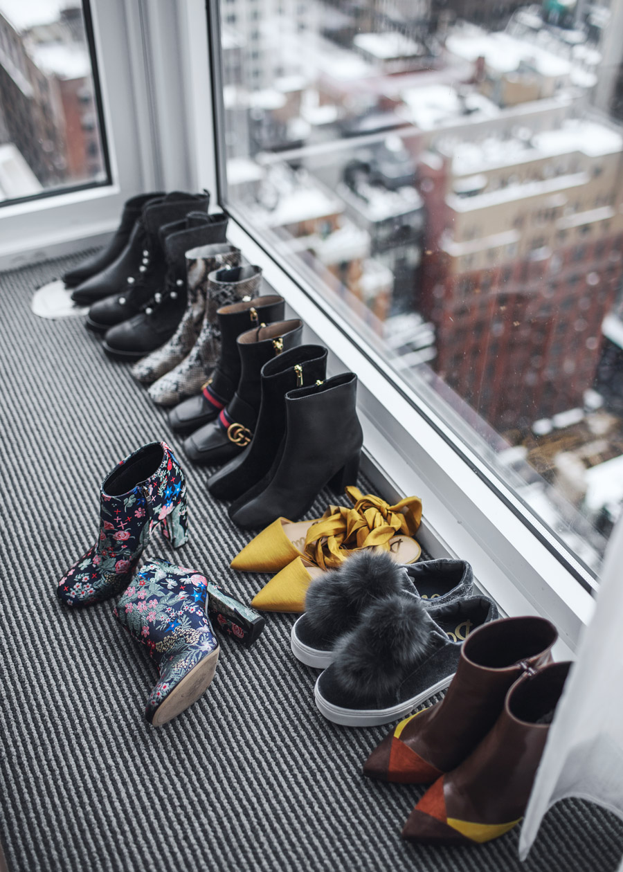 NYFW shoe collection with a view by Jenny Tsang of Tsangtastic – Gucci Pearl Boots, Sam Edelman Cambell Heeled Bootie, Sam Edelman Leya Pom Pom sneaker, Sam Edelman Brandie Pointed Toe Flat.
