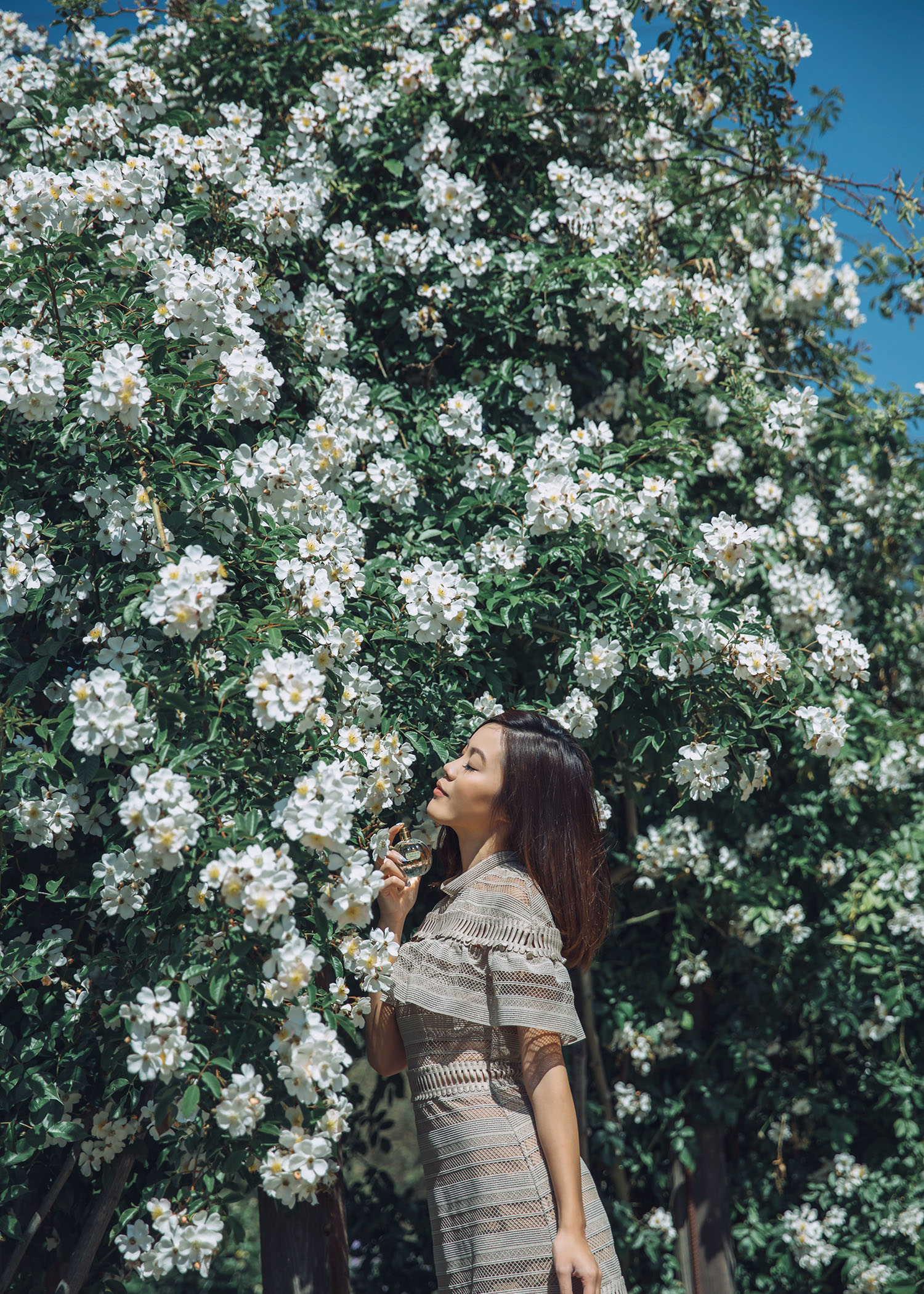 Street style fashion blogger influencer Jenny Tsang of Tsangtastic wearing SELF PORTRAIT Midi Dress, TOCCA Florence Fragrance and ROGER VIVIER Espadrilles, in Los Angeles, California.