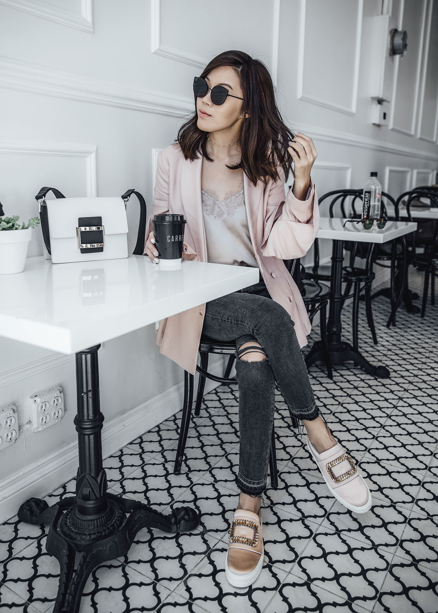 Street style fashion blogger influencer Jenny Tsang of Tsangtastic wearing C/MEO COLLECTIVE Replay Ruffle Blazer, CAMI NYC camisole, AGOLDE Skinny Grey Jeans Jeans, ROGER VIVIER Sneaky Viv in silk blush, ROGER VIVIER Viv Bag, in Los Angeles, California.