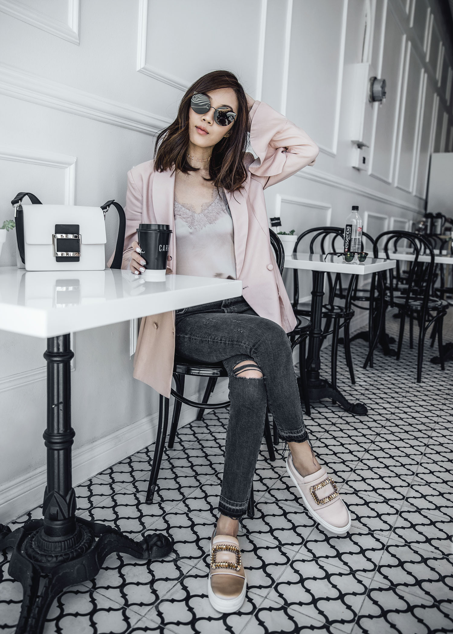 Street style fashion blogger influencer Jenny Tsang of Tsangtastic wearing C/MEO COLLECTIVE Replay Ruffle Blazer, CAMI NYC camisole, AGOLDE Skinny Grey Jeans Jeans, ROGER VIVIER Sneaky Viv in silk blush, ROGER VIVIER Viv Bag, in Los Angeles, California.