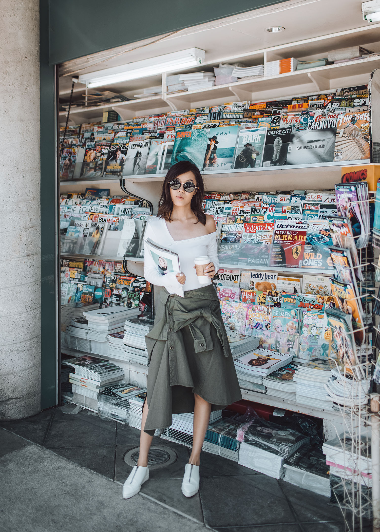 Summer Skirt Trend, Street style fashion blogger influencer Jenny Tsang of Tsangtastic wearing THE HOURS Top, FAITH CONNEXION Shirt Style Skirt, STELLA MCCARTNEY Zip Front Sneaker, in Los Angeles, California.