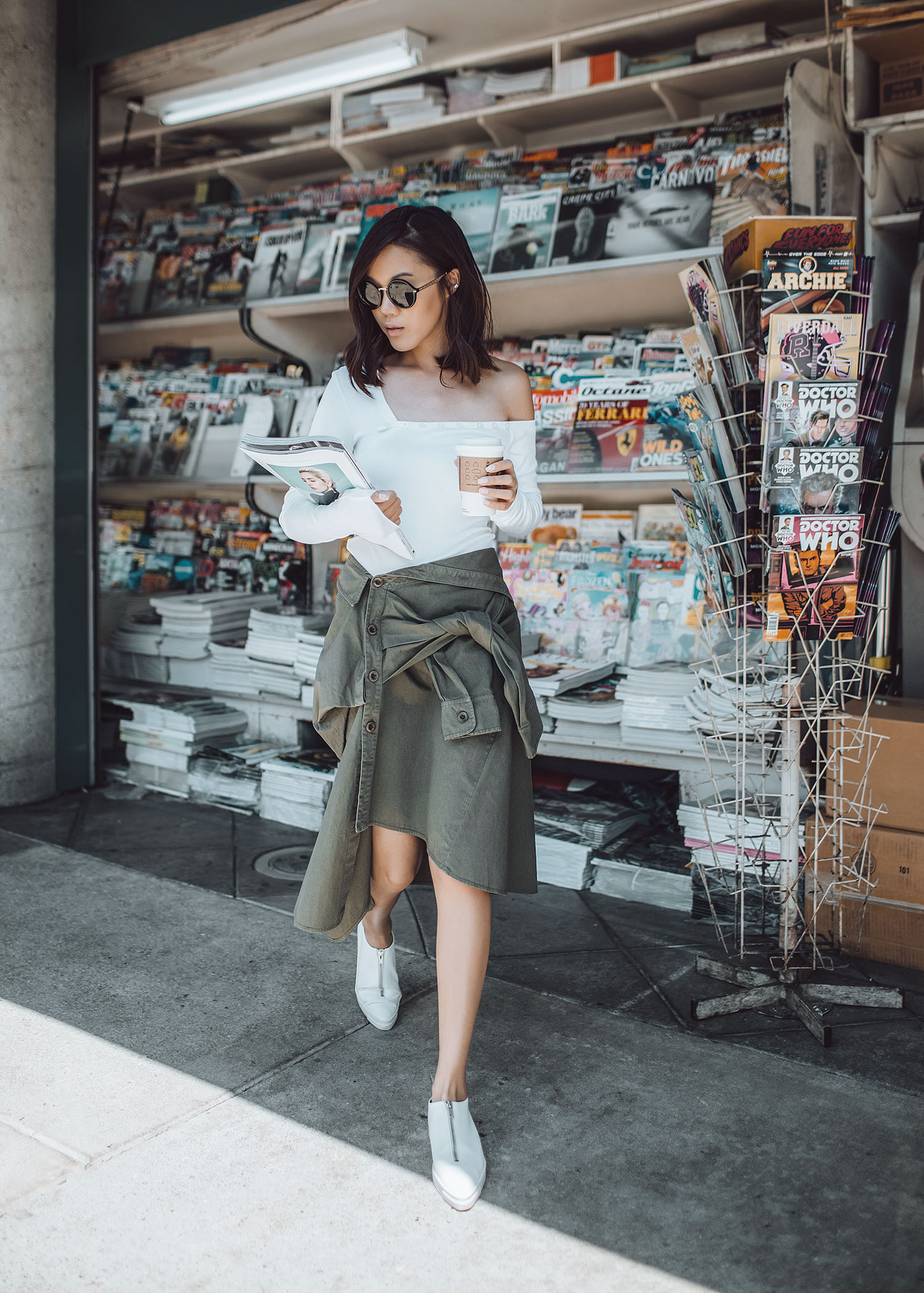 Summer Skirt Trend, Street style fashion blogger influencer Jenny Tsang of Tsangtastic wearing THE HOURS Top, FAITH CONNEXION Shirt Style Skirt, STELLA MCCARTNEY Zip Front Sneaker, in Los Angeles, California.