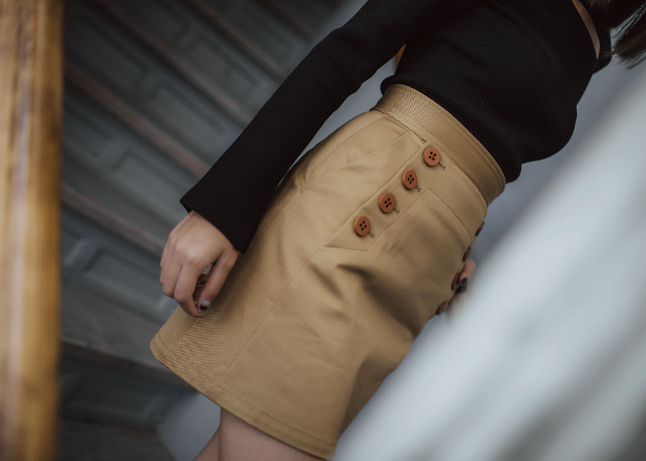 Jenny Tsang of Tsangtastic wearing customized khaki double button skirt and khaki beret