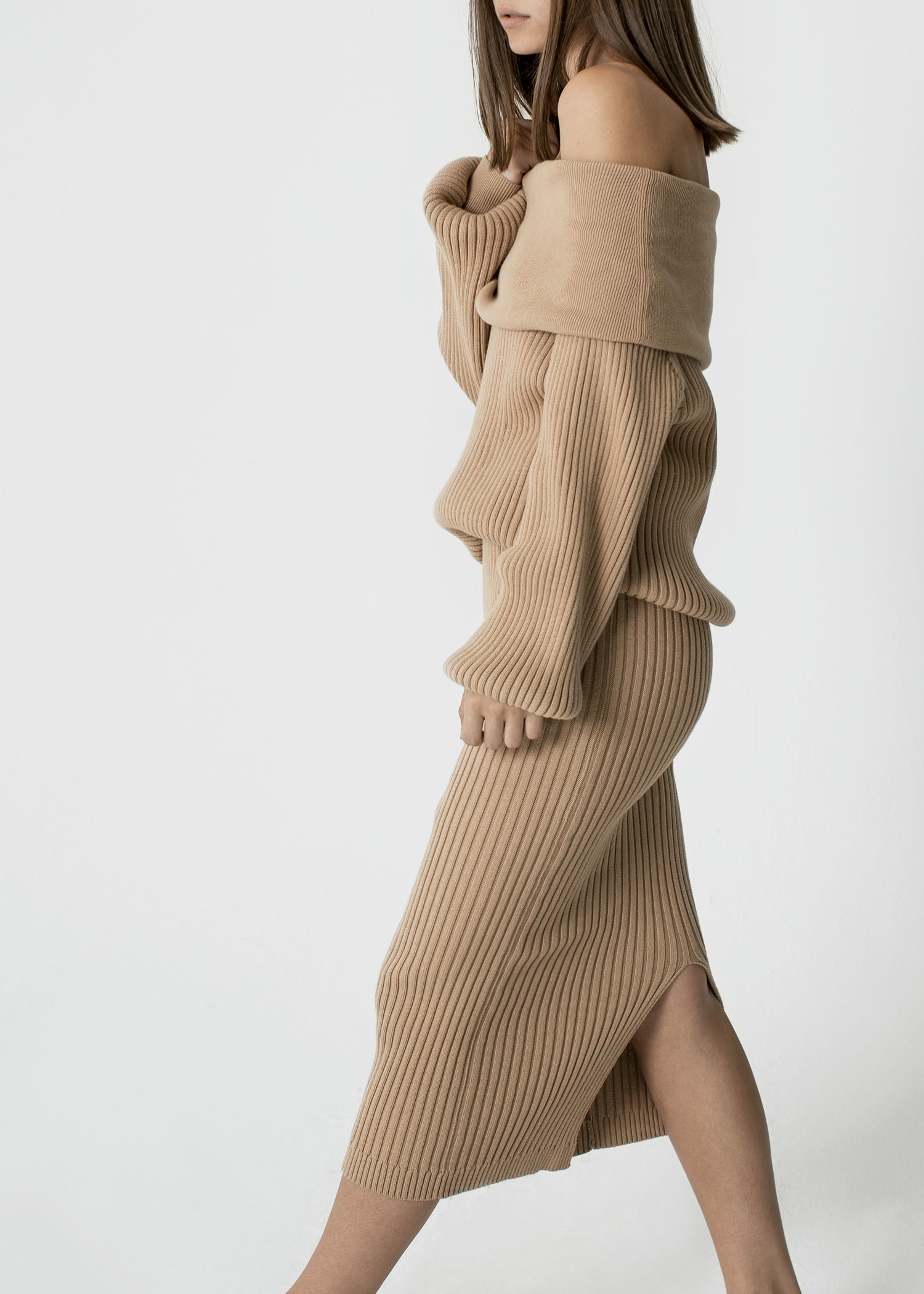 byTSANG season II knitted off shoulder sweater and skirt in biscotti