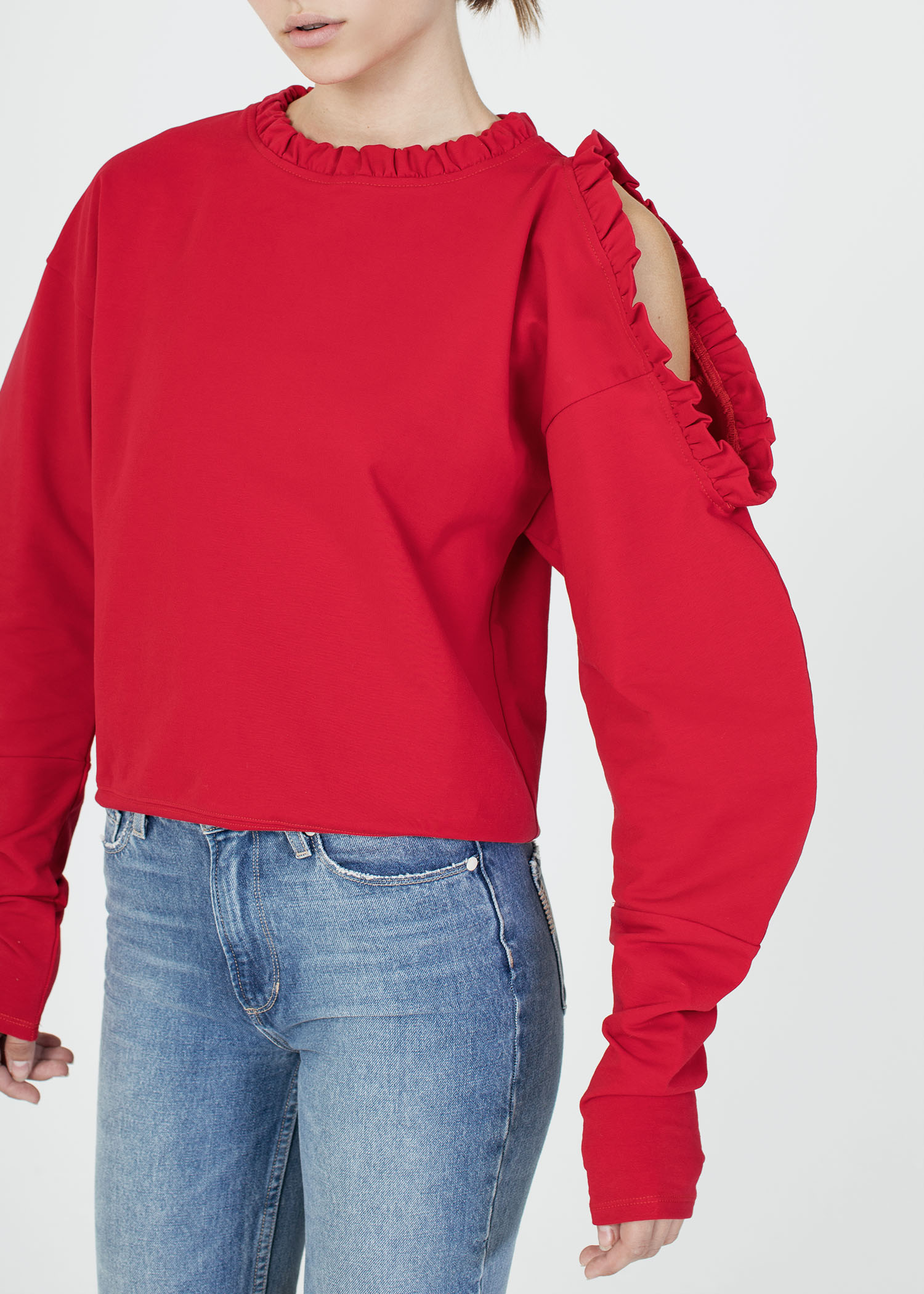 byTSANG season II ruffle peekaboo sweatshirt in scarlet