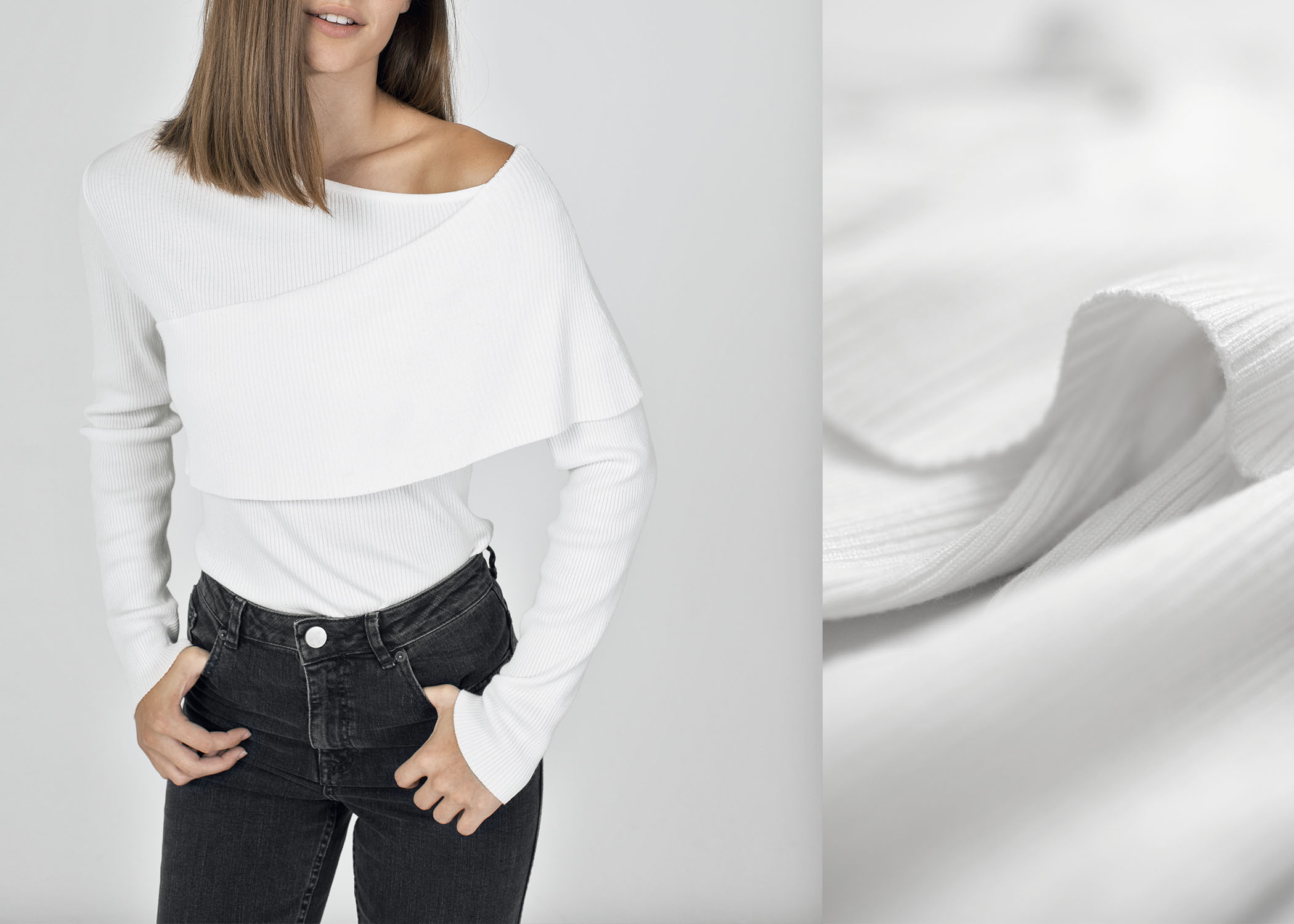 byTSANG season II crisscross one off shoulder sweater