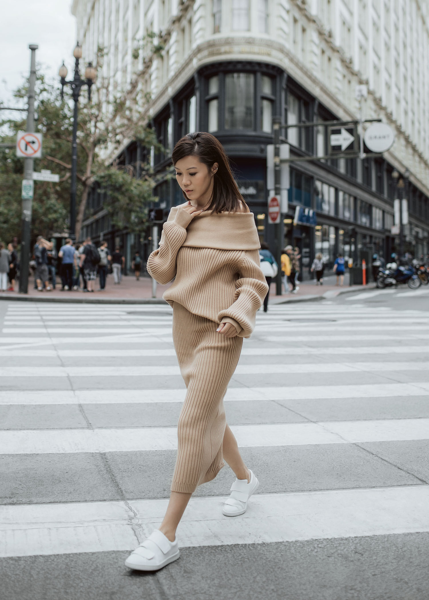 byTSANG season II knitted off shoulder sweater and skirt in biscotti khaki ribbed knit