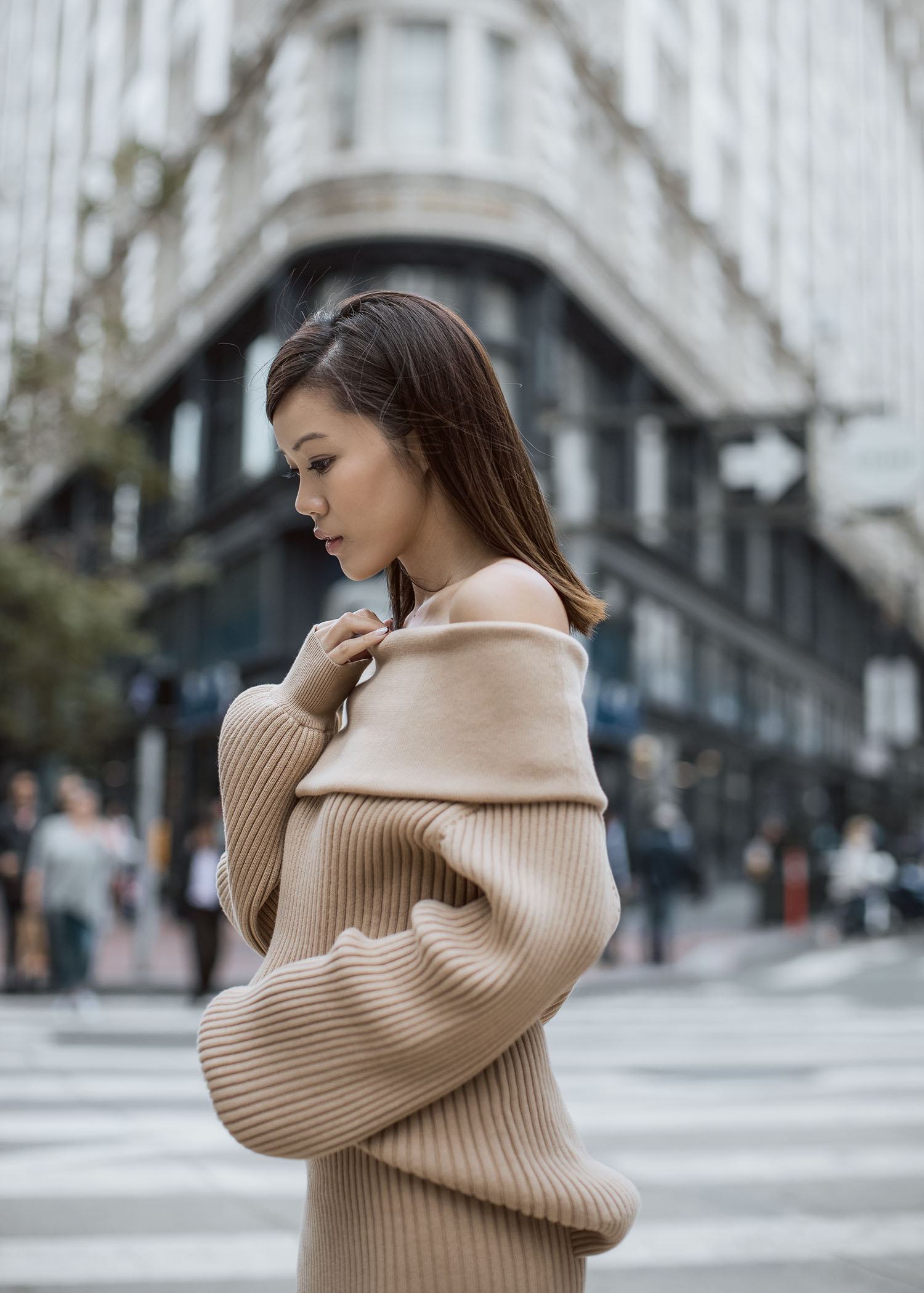 byTSANG season II knitted off shoulder sweater and skirt in biscotti khaki ribbed knit