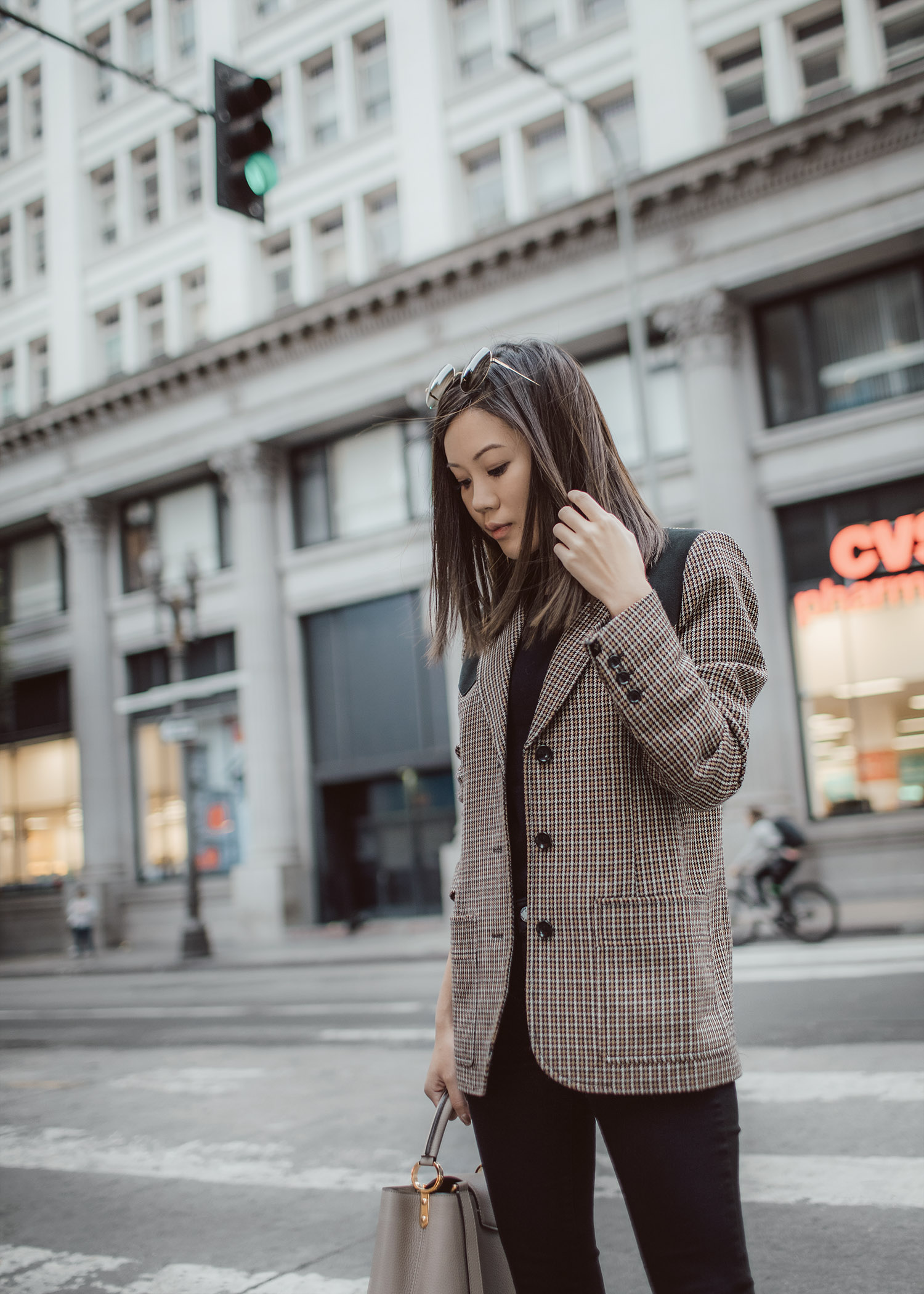 Jenny Tsang of Tsangtastic wearing louis vuitton houndstooth checkered blazer louis vuitton capucines bag in beige and jeffrey campbell Welton Block Heel Boots