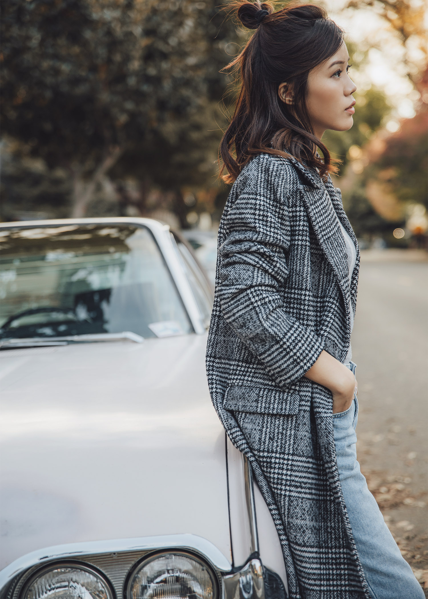 Jenny Tsang of Tsangtastic wearing Plaid Boxy Double Breasted Long Coat