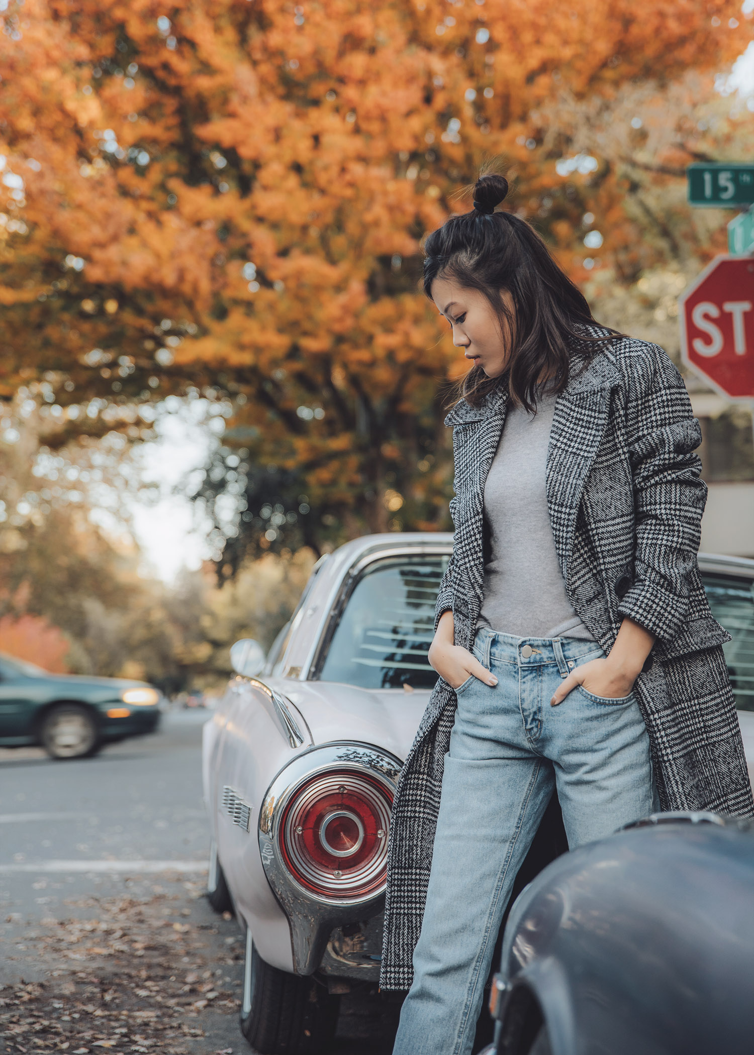 Jenny Tsang of Tsangtastic wearing Plaid Boxy Double Breasted Long Coat