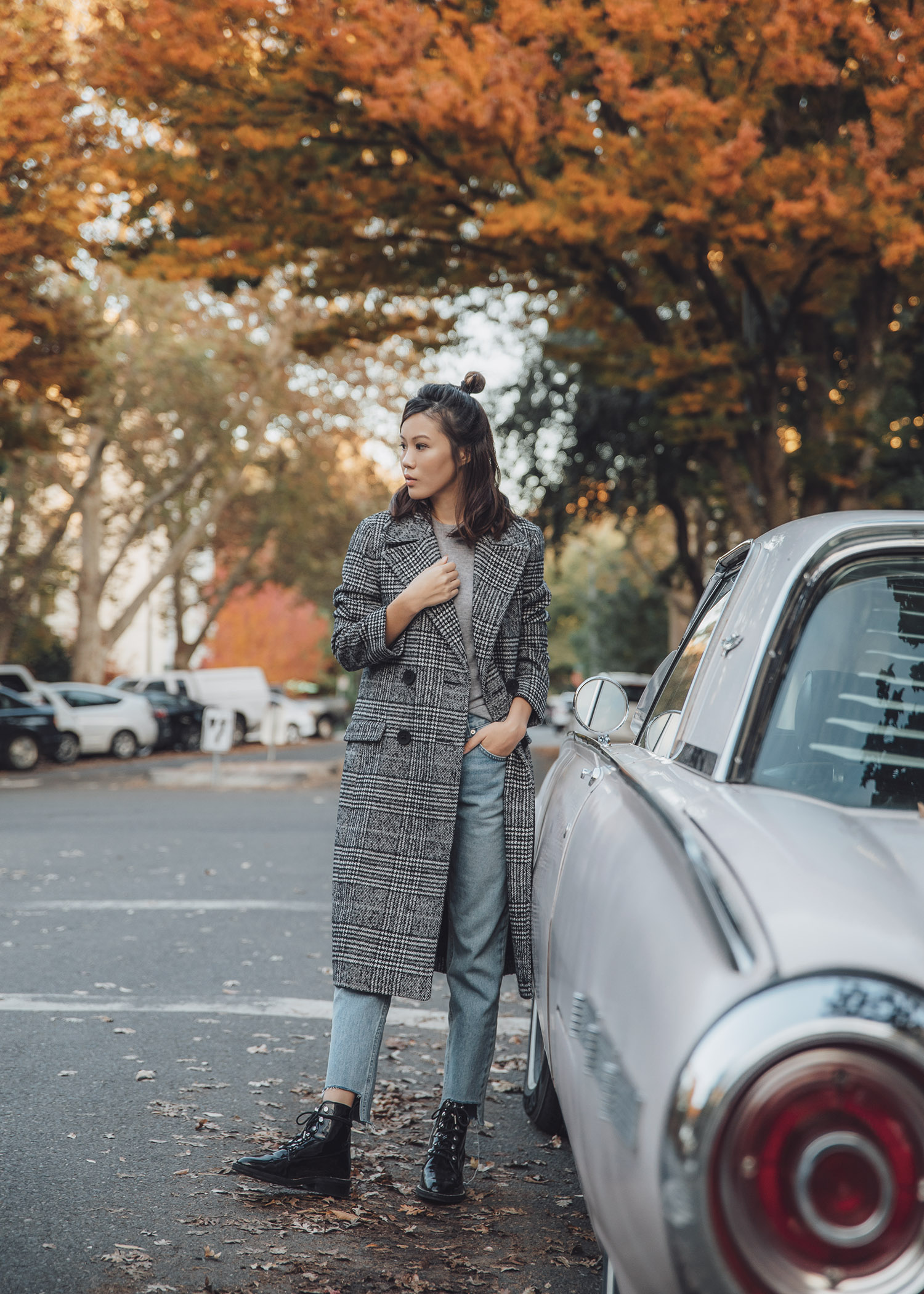 Jenny Tsang of Tsangtastic wearing Plaid Boxy Double Breasted Long Coat