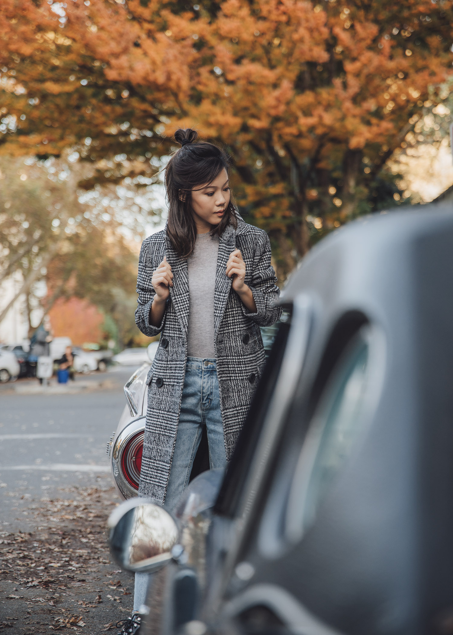 Jenny Tsang of Tsangtastic wearing Plaid Boxy Double Breasted Long Coat