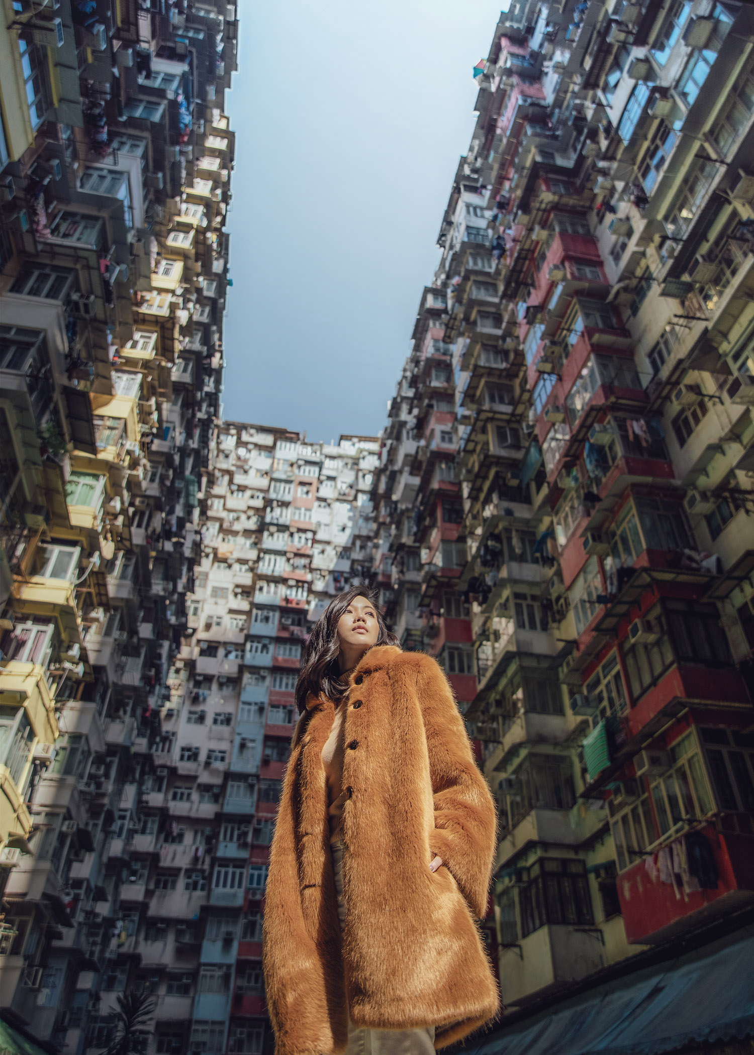 Jenny Tsang of Tsangtastic wearing fur teddy coat at Montane Mansion in Hong Kong