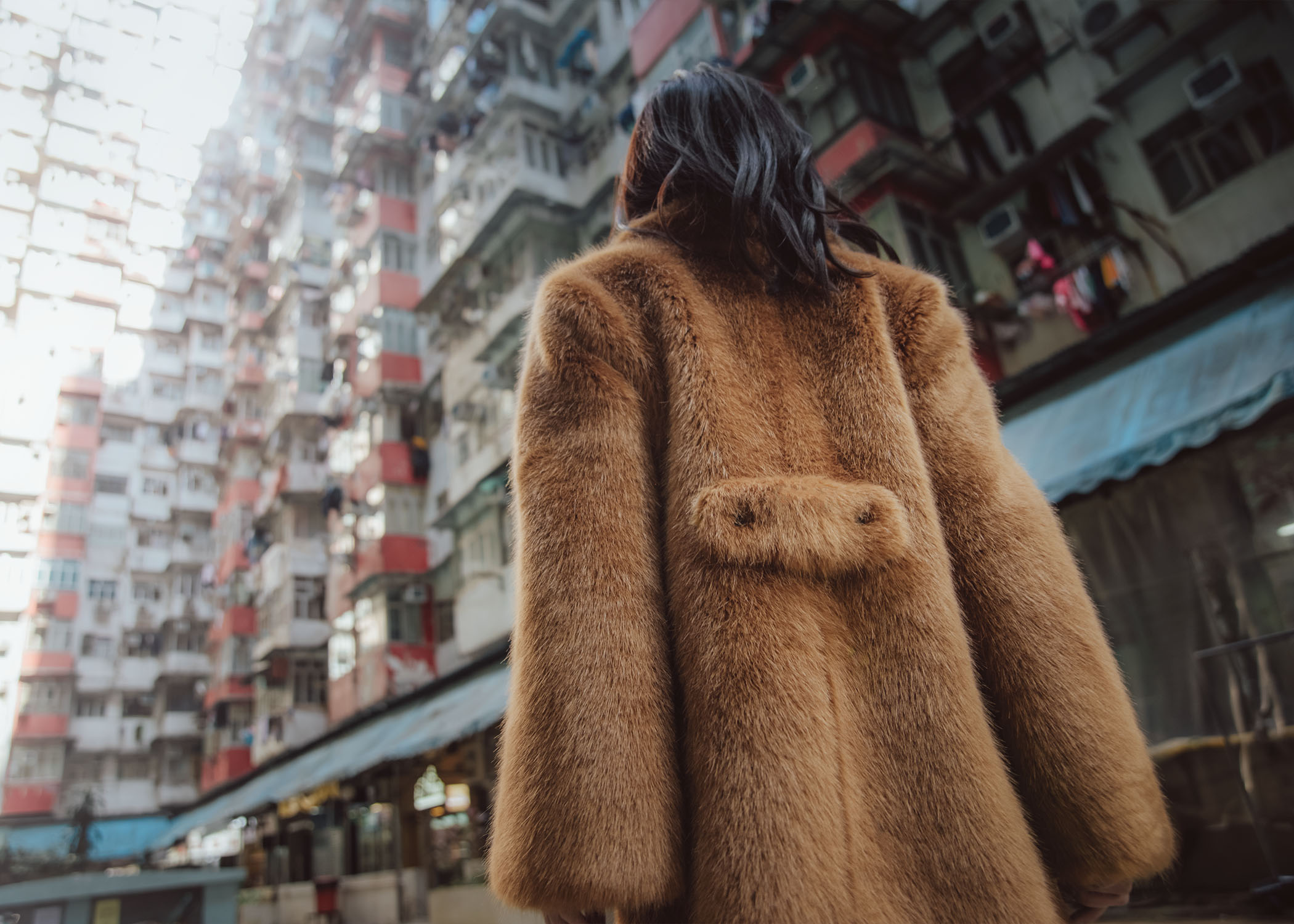 Jenny Tsang of Tsangtastic wearing fur teddy coat at Montane Mansion in Hong Kong