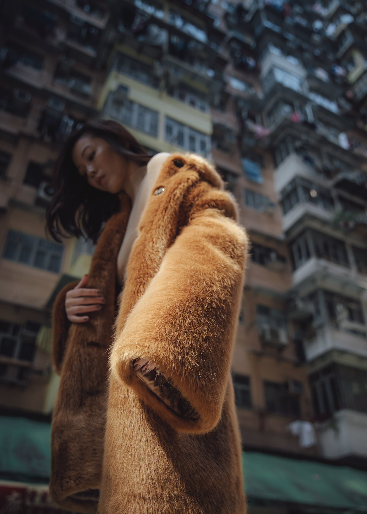 Jenny Tsang of Tsangtastic wearing fur teddy coat at Montane Mansion in Hong Kong