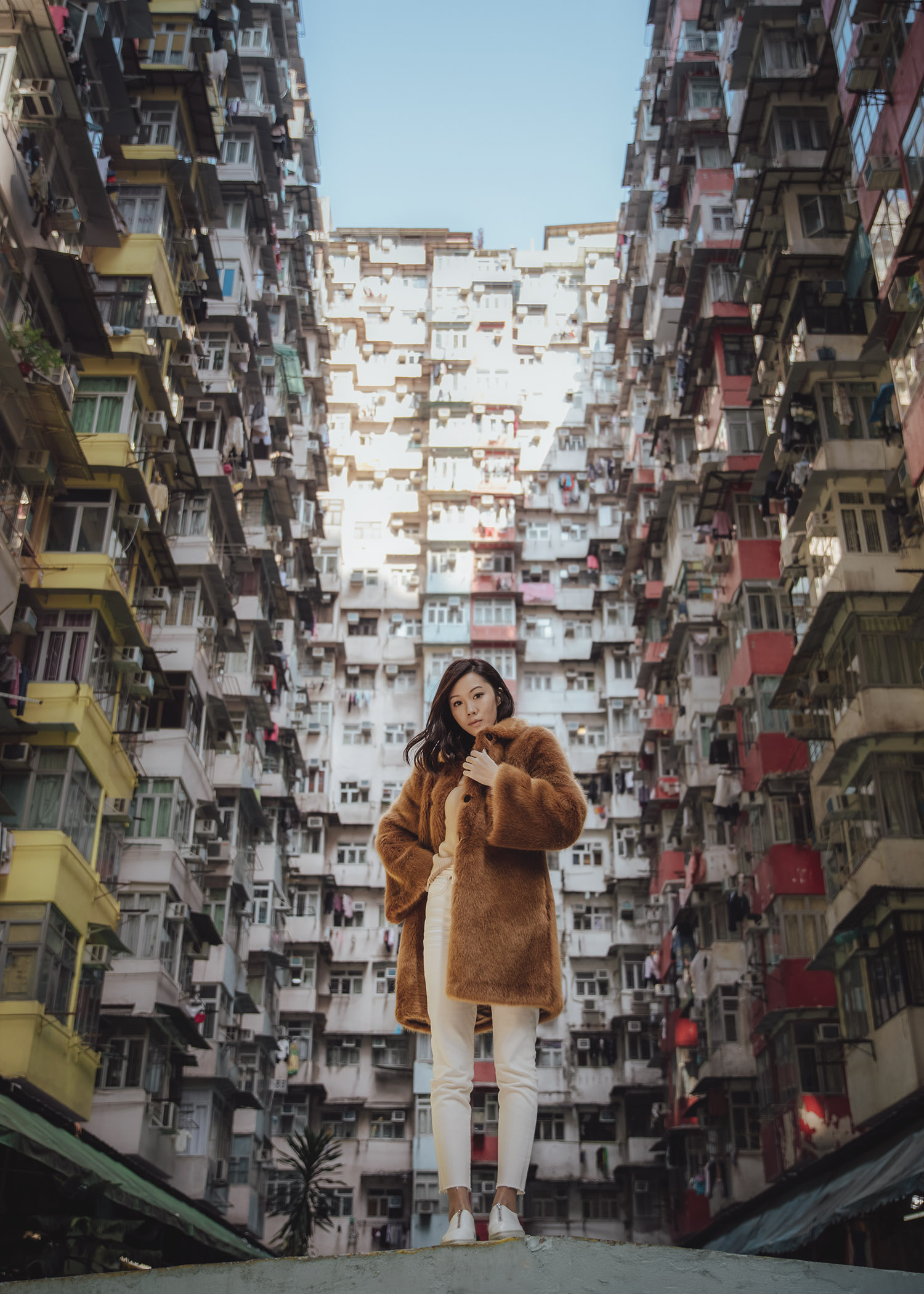 Jenny Tsang of Tsangtastic wearing fur teddy coat at Montane Mansion in Hong Kong