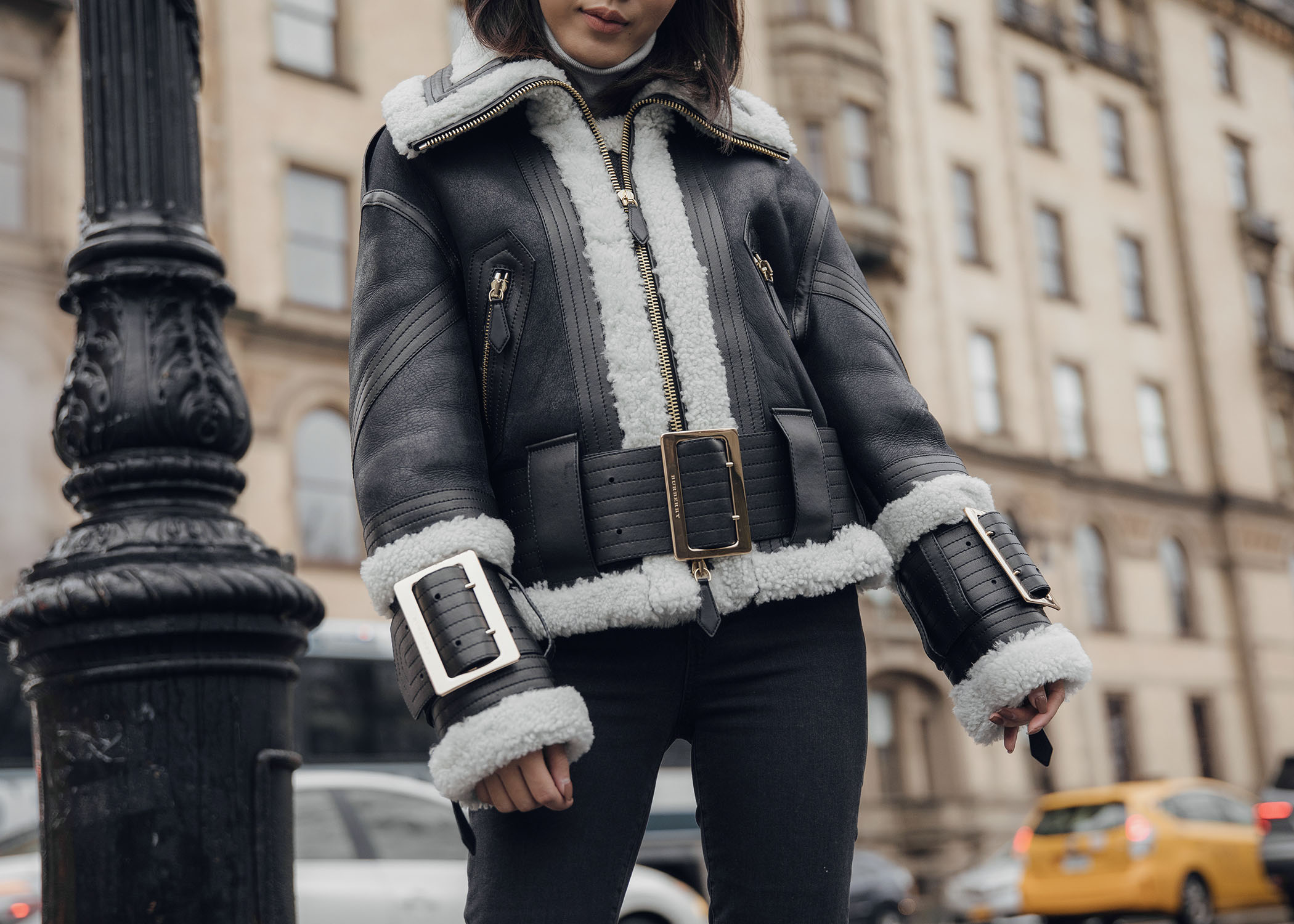 Jenny Tsang of Tsangtastic wearing burberry shearling coat in new york