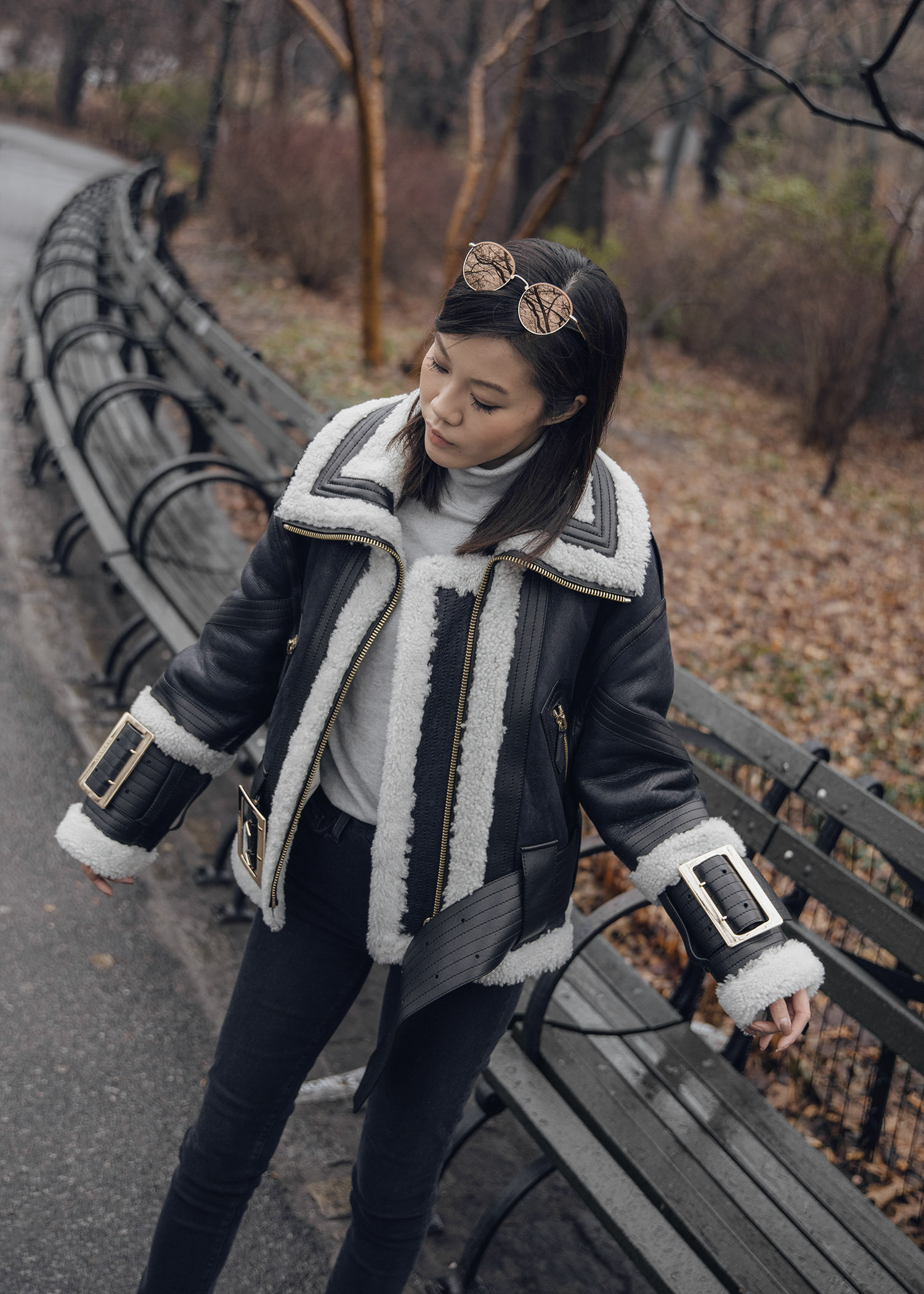 Jenny Tsang of Tsangtastic wearing burberry shearling coat in new york