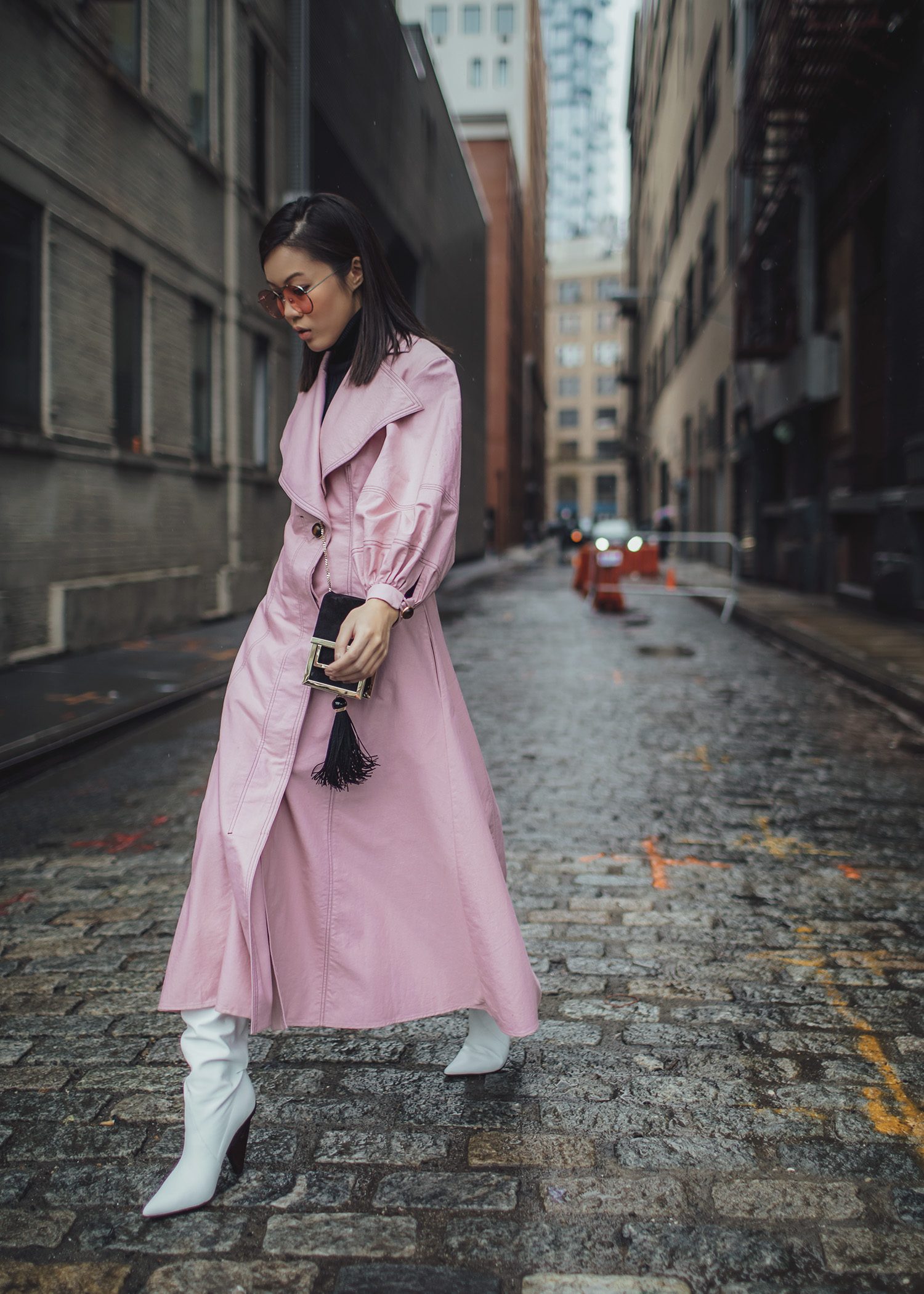 All pink outfit Jenny Tsang of Tsangtastic wearing claudia li pink coat dress roger vivier box bag sigerson morrison white pointed boots during new york fashion week