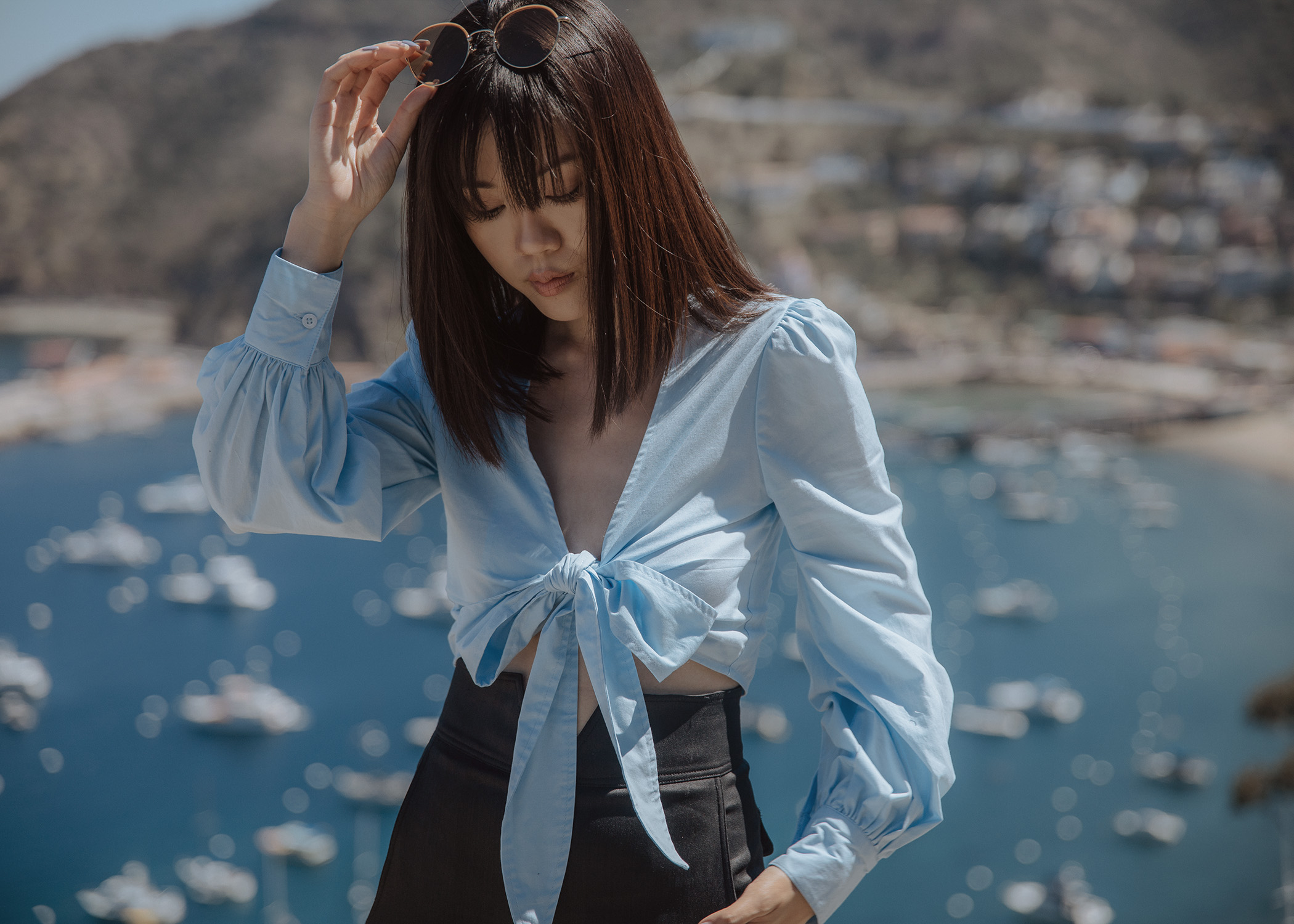 Cropped shirt top culotte flared pants white platform sneakers in Catalina Island