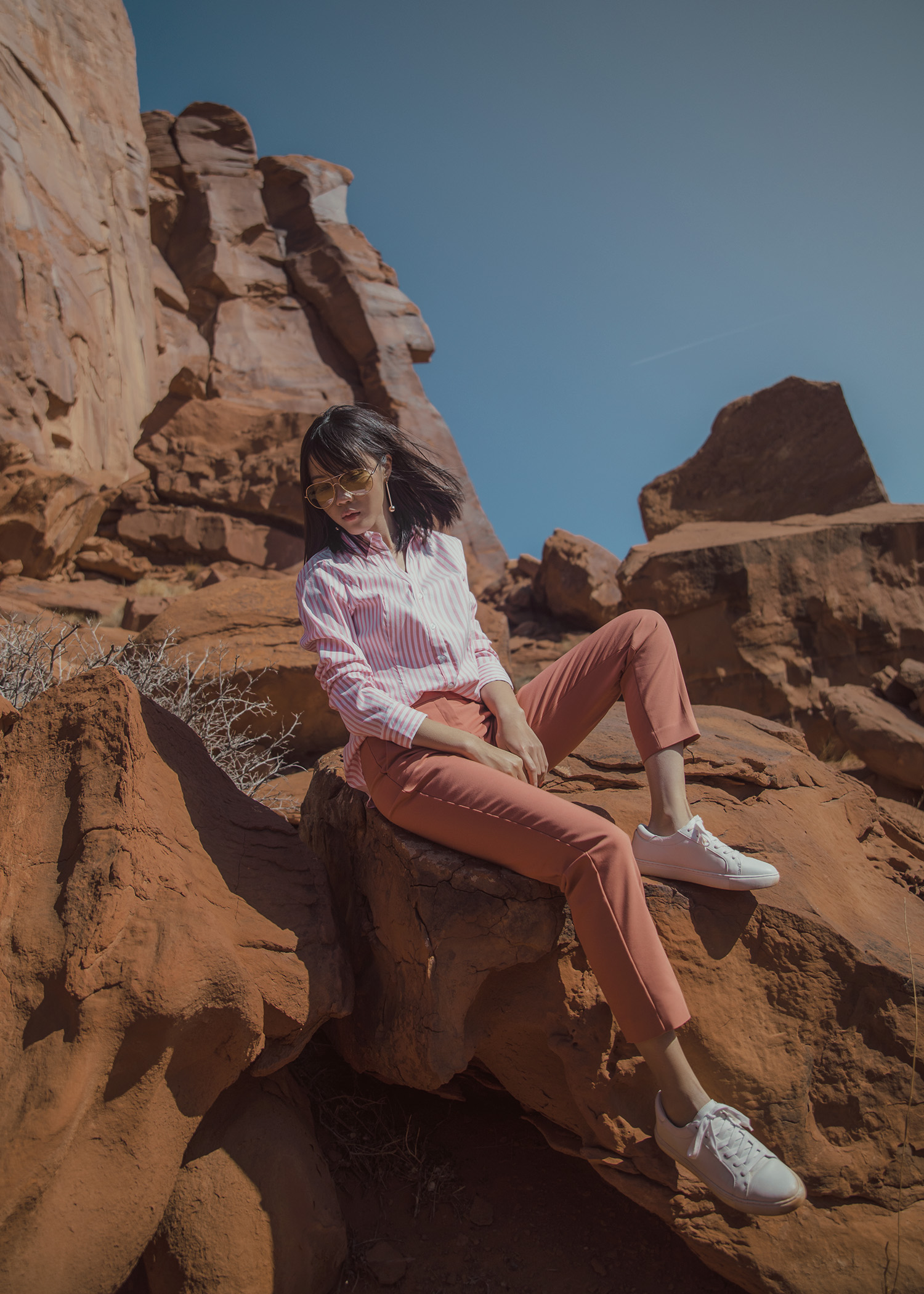 Jenny Tsang of Tsangtastic styling striped shirt dress pant sneakers in arizona