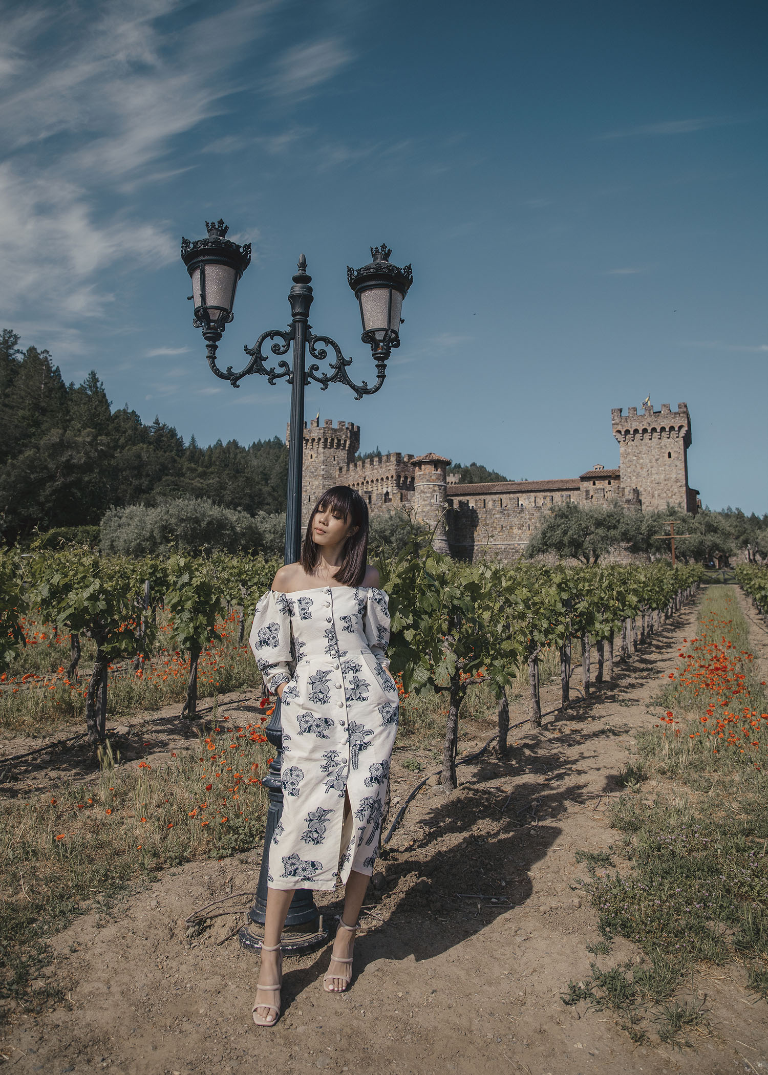 Jenny Tsang of Tsangtastic in Napa Valley castle with Burberry My Burberry Classic My Burberry Blush fragrance wearing Sea NYC dress