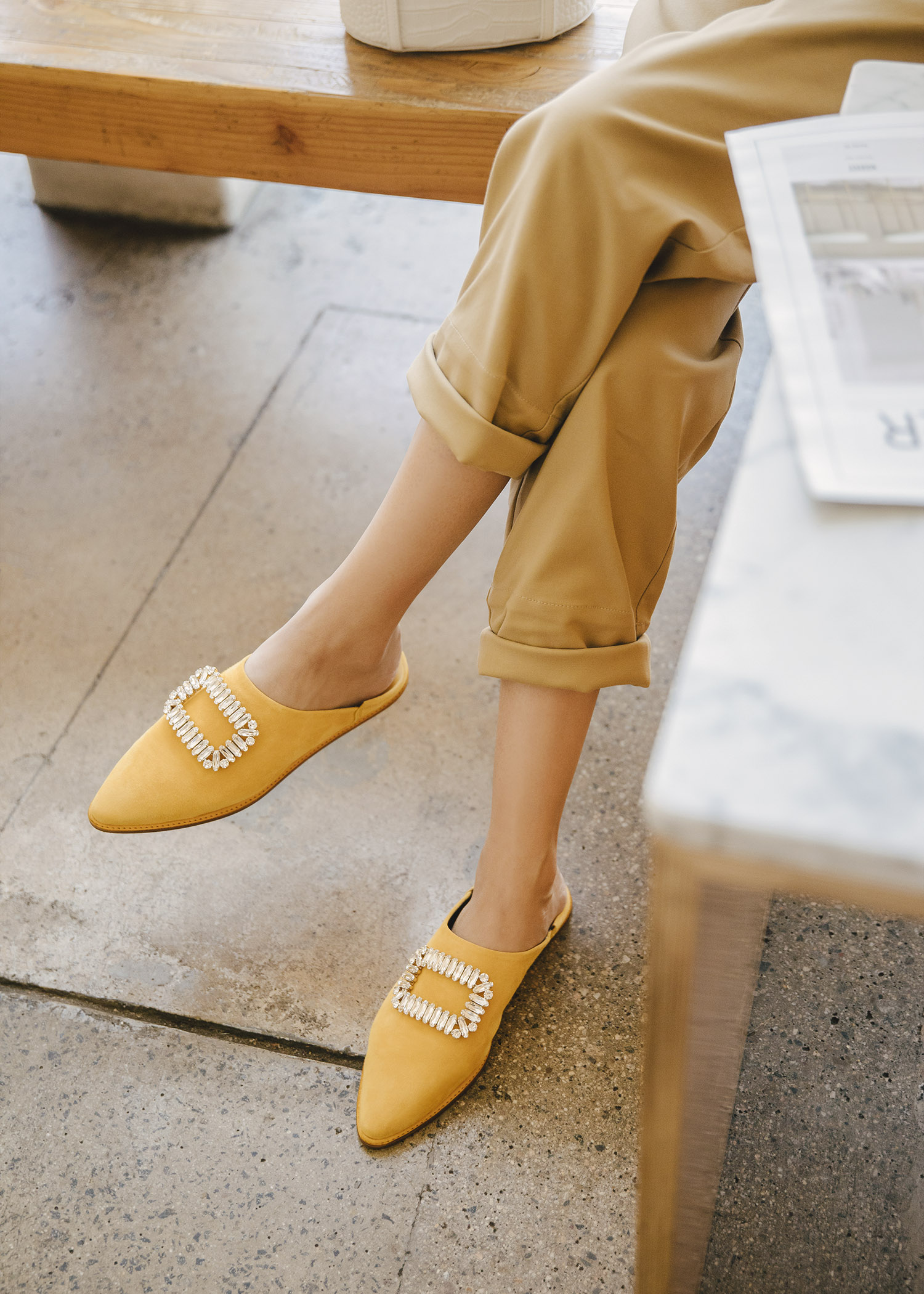 roger vivier bab viv mules in yellow suede with tank top with high-waisted pant