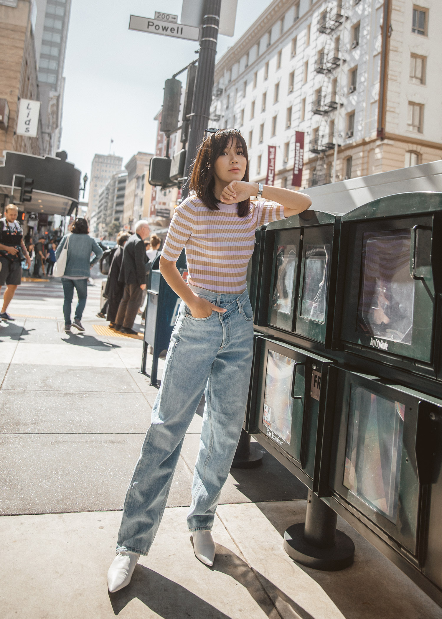 Jenny Tsang of Tsangtastic wearing crisscross jeans in San Francisco denim outfits