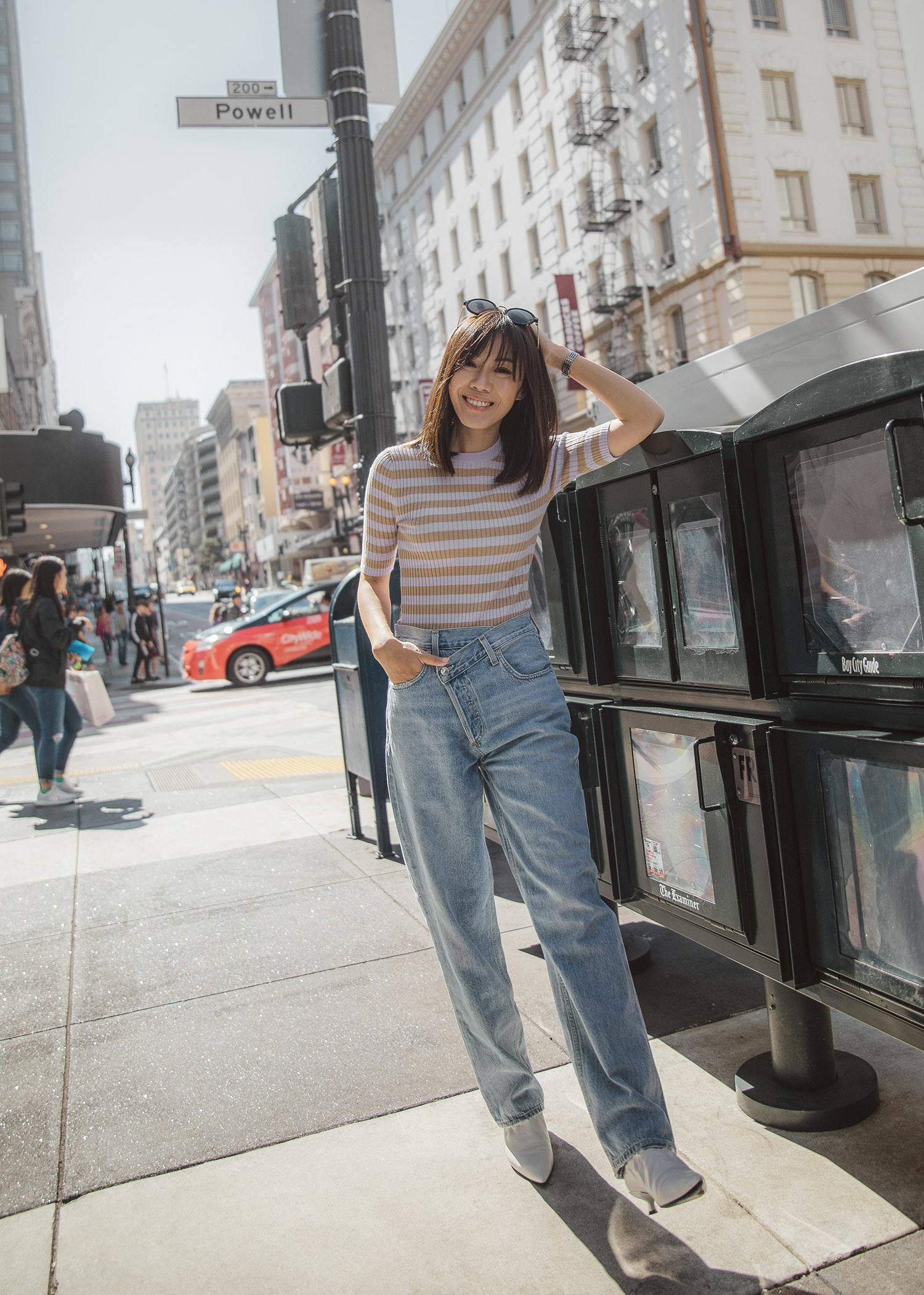 Jenny Tsang of Tsangtastic wearing crisscross jeans in San Francisco denim outfits