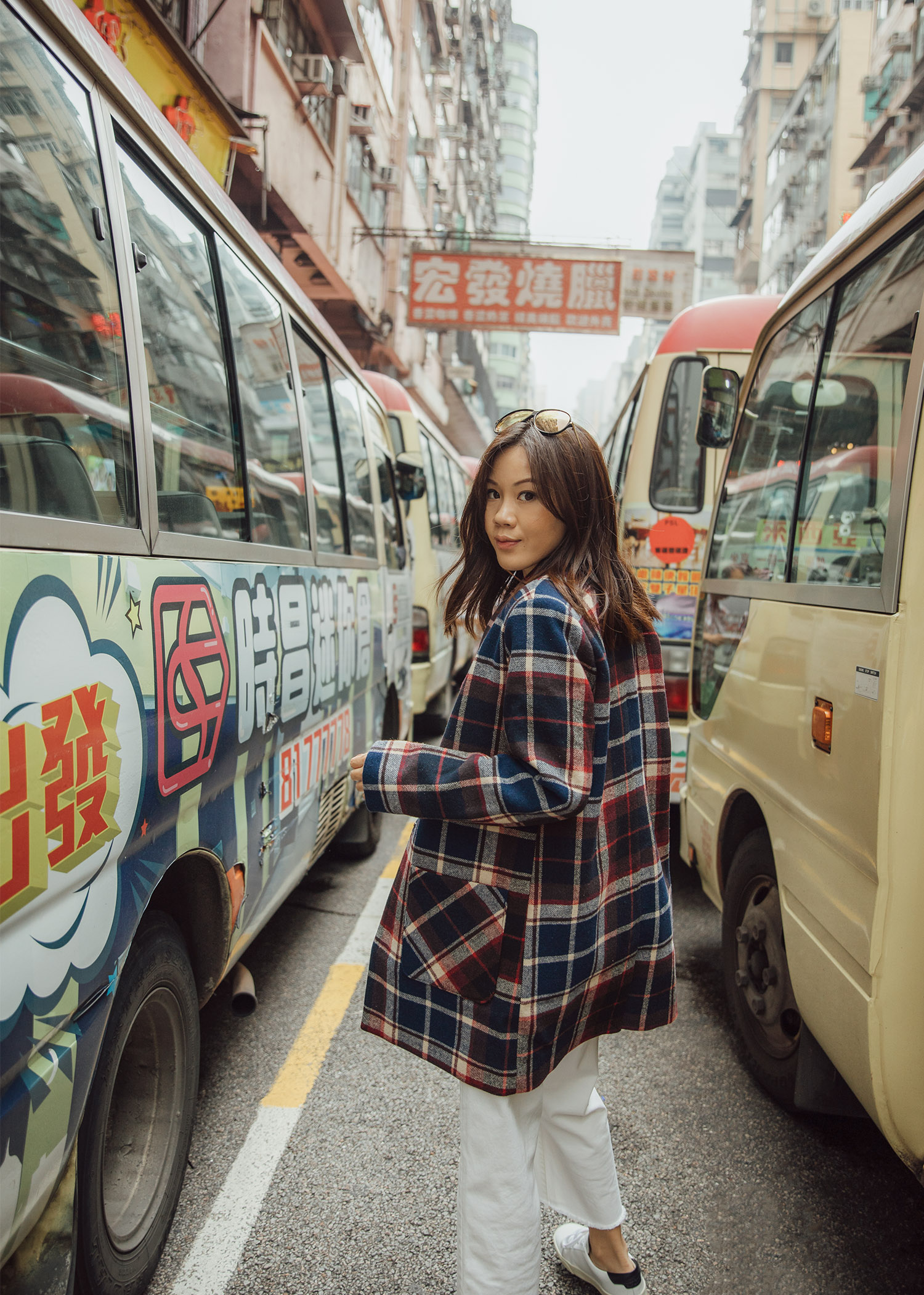 Jenny Tsang of Tsangtastic wearing abercrombie collarless plaid coat in Hong Kong