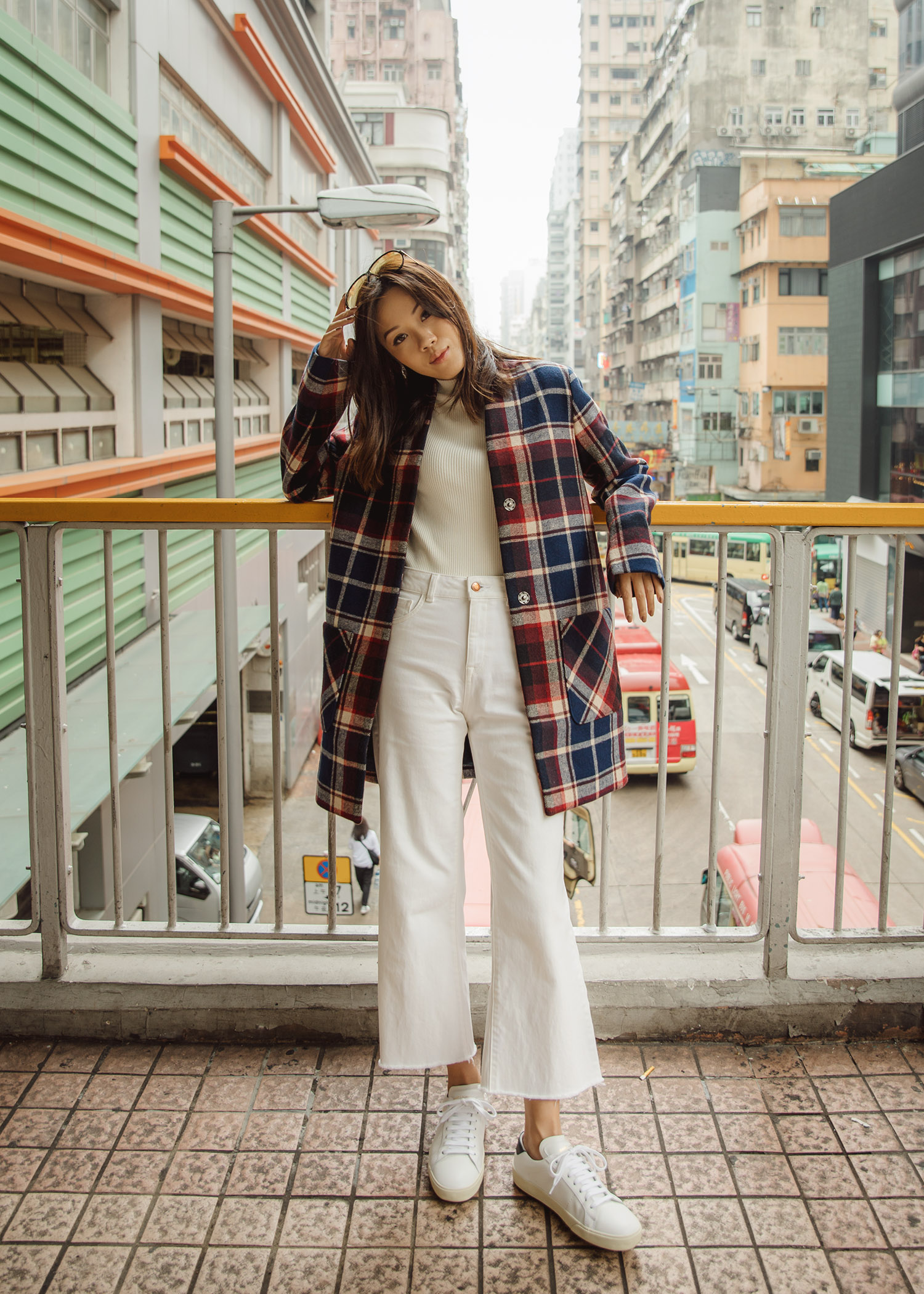 Jenny Tsang of Tsangtastic wearing abercrombie collarless plaid coat in Hong Kong