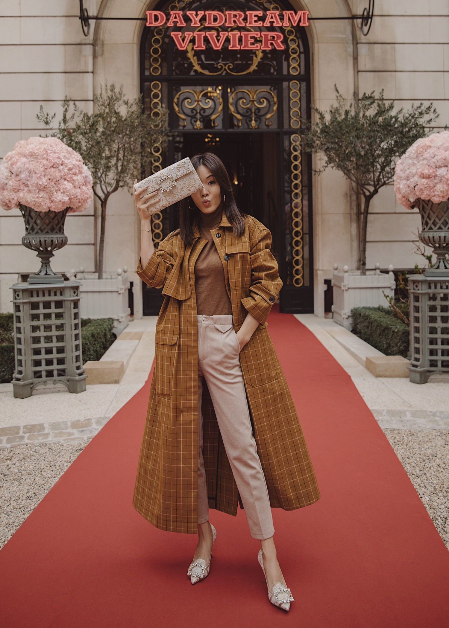 Jenny Tsang of Tsangtastic wearing Sea plaid trench coat with roger vivier pumps roger vivier clutch Paris Fashion Week